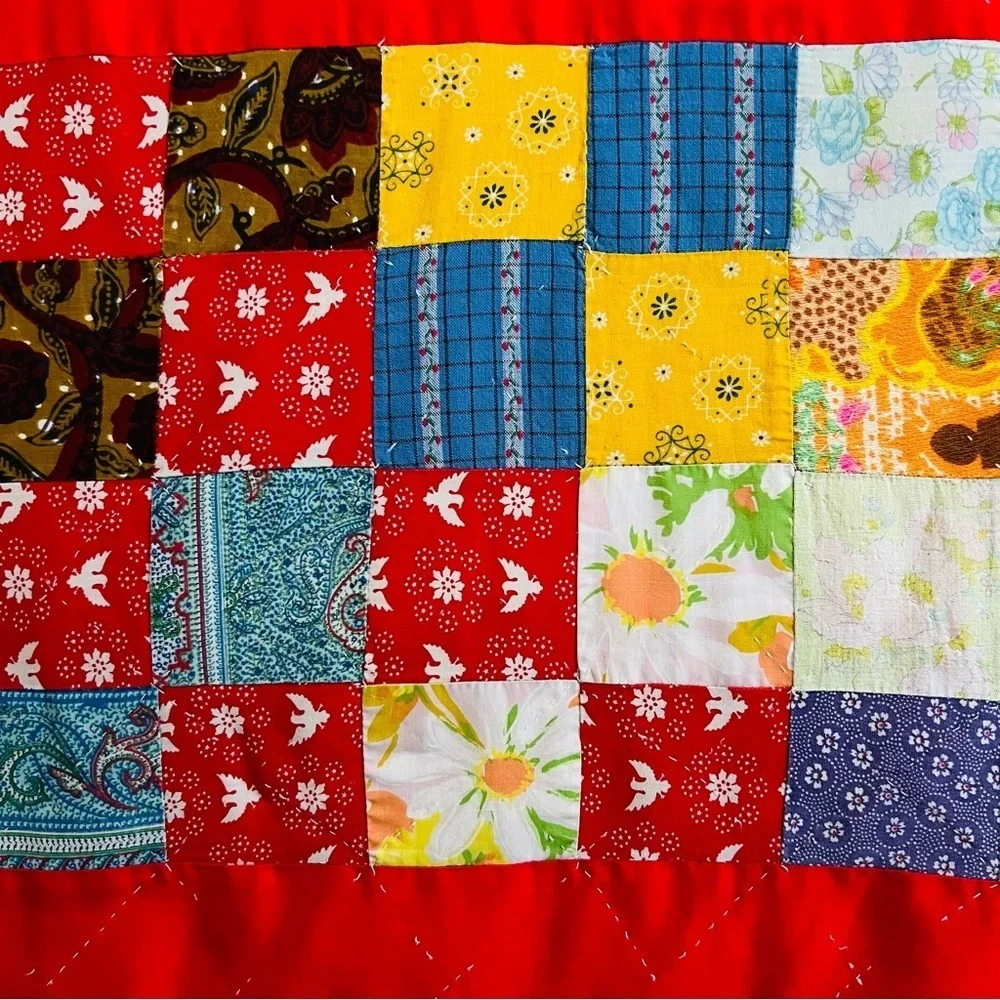 Vintage handmade quilt. 70”x90” Thin or no batting. Vintage 1970s BOHO decor.